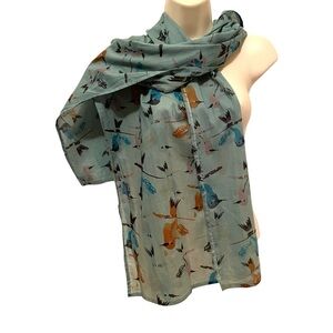 Hummingbird Print Scarf Light Blue/light Green Background.